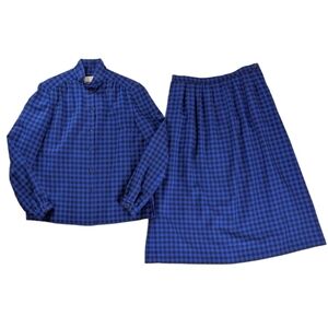 VTG Pendleton Blue Black Plaid Wool Button Up Top and Pleated Skirt Set 70s